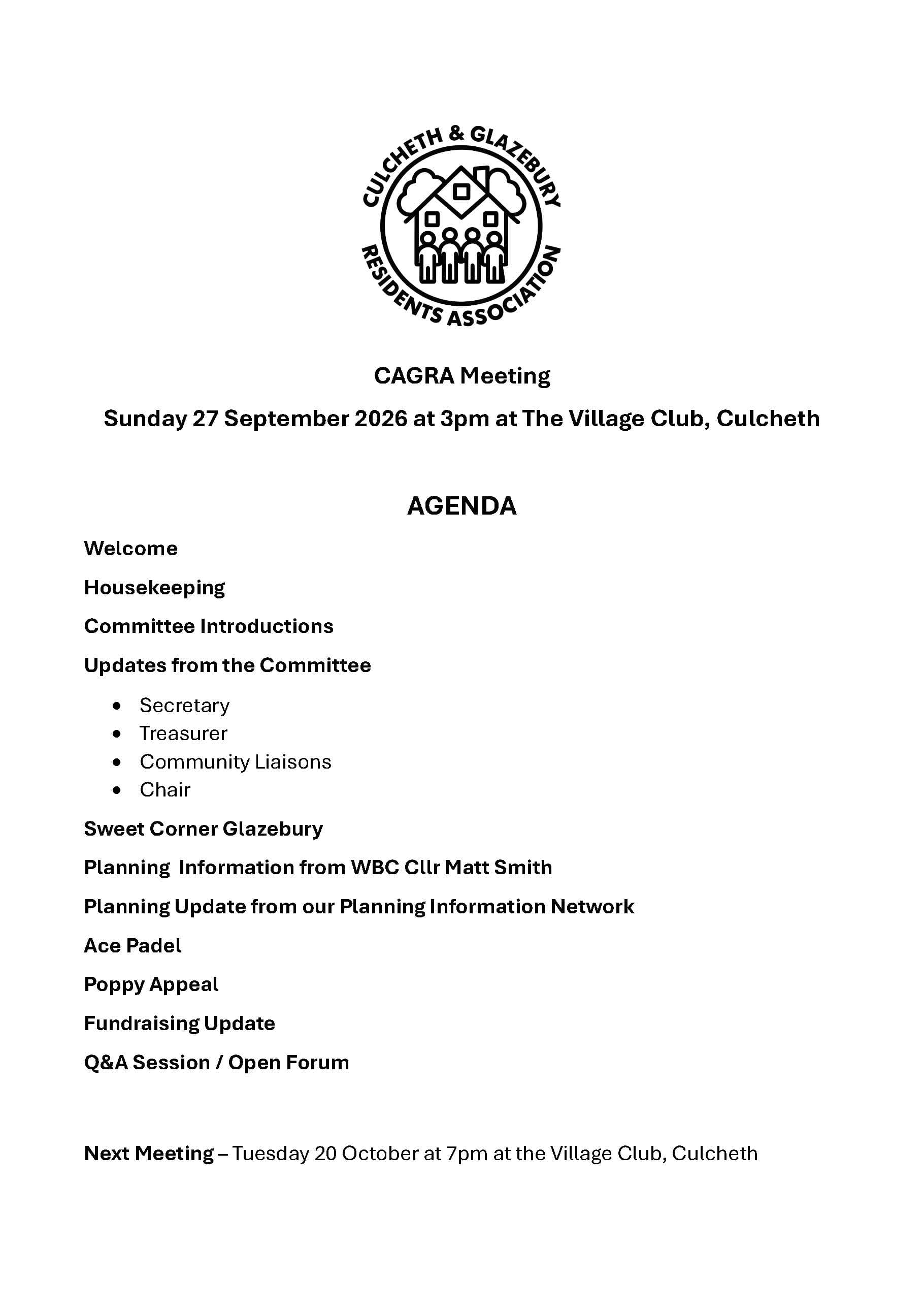 Sunday 27 September 2026 at 3pm The Village Club, Wigshaw Lane, Culcheth